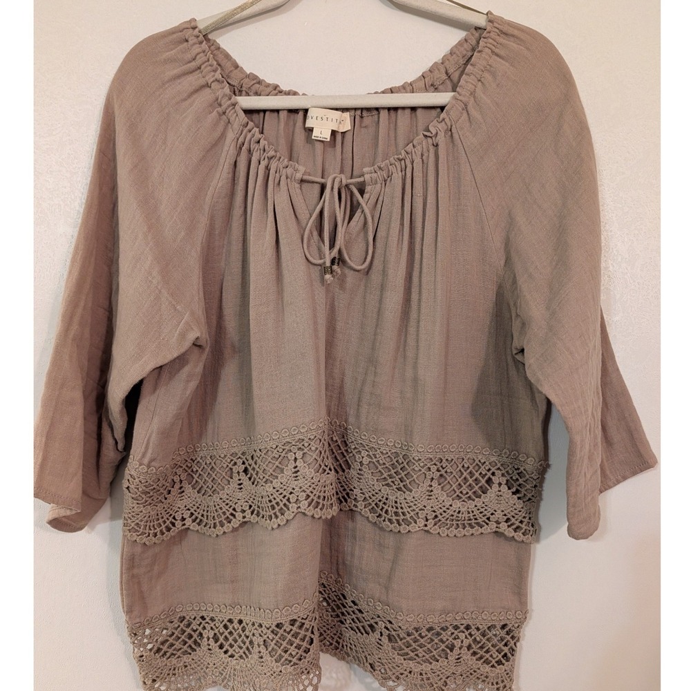 Lovestitch Womens Cotton Gauze Crochet Lace Peasant Blouse Taupe Mauve Large L